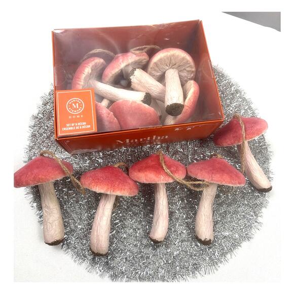 Martha Stewart Large Pink Velvet Mushroom Ornaments Paper-mache Set of 11 New - Picture 1 of 8
